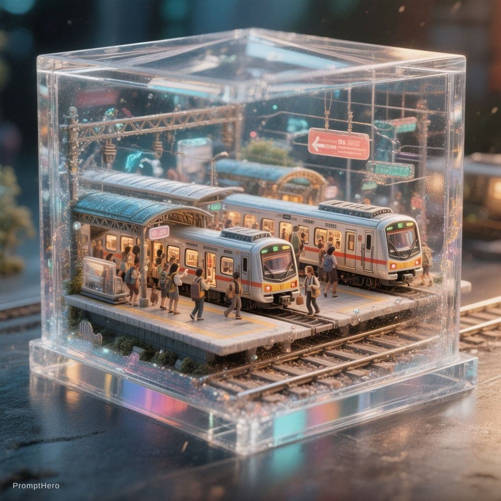 AI generated: Macro photography lens. A beautifully crafted, handmade 3D miniature model is placed inside a crysta...