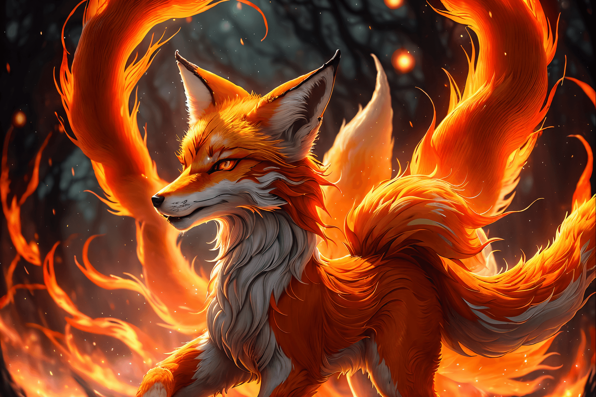 AI generated: (masterpiece, award winning, best quality:1. 2) , (nine tailed fox demon:1.2), 1fox, solo, many tail...
