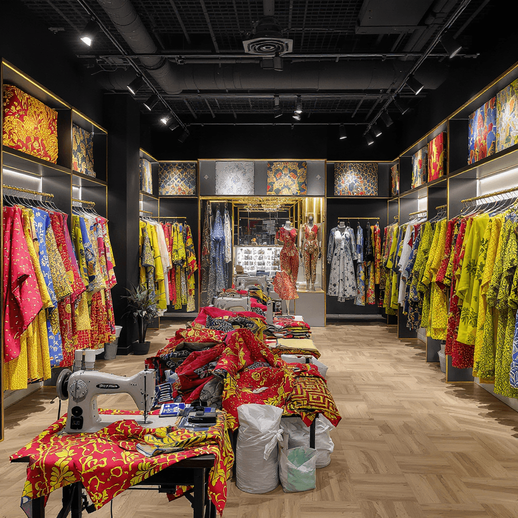AI generated: Bespoke Atelier fashion boutique interior layout, bold Ankara fabrics on display, stylish and elegan...