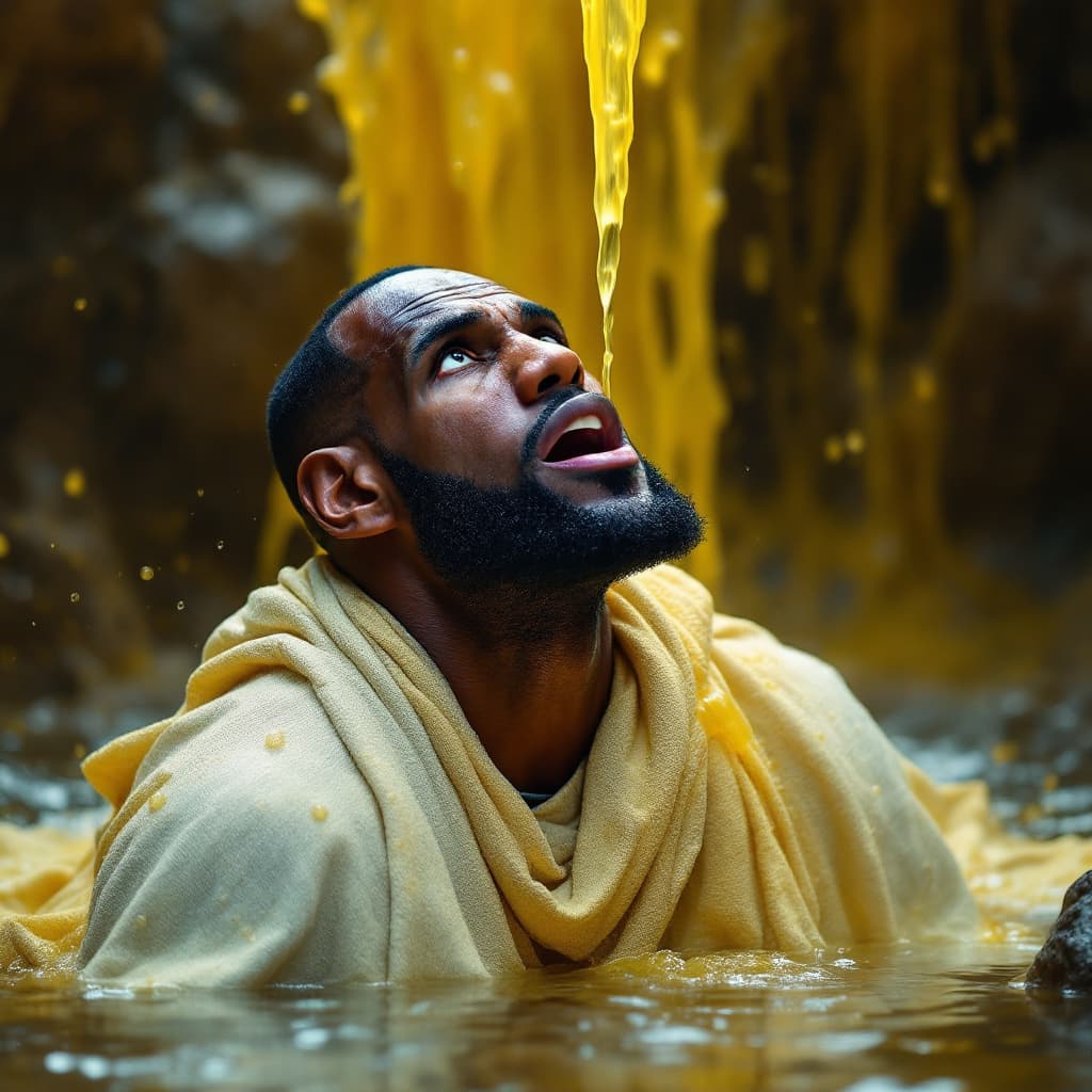 AI generated: LeBron James in a breach cloth with his mouth open looking up into a stream of yellow liquid 