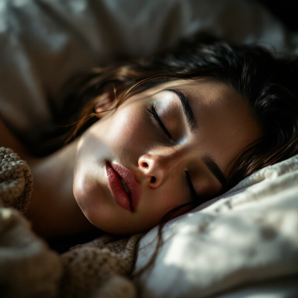 AI generated: close-up portrait of the face of Liv Tyler,sleeping at bedroom