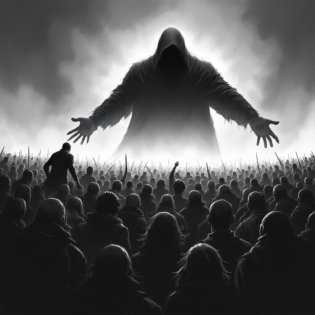 AI generated: Authoritarianism, conformity, dark, gritty, black and white, big shadowy figure over the crowd, cart...