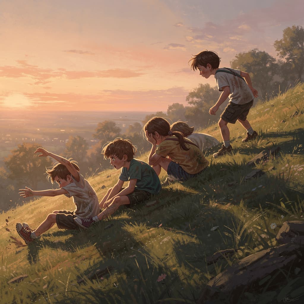 AI generated: Midway up the hill, several children sitting exhausted, one slipping on the grass, others catching t...