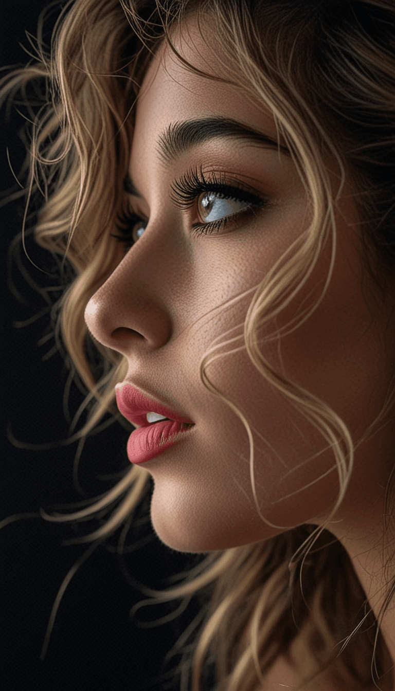 AI generated: A close-up profile of a woman with fair skin, light pink lipstick, brown eyes, and brown hair in loo...