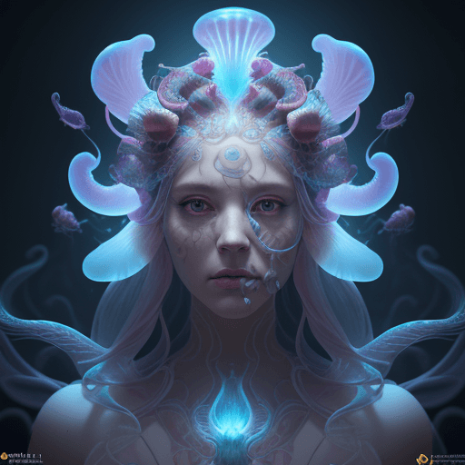 AI generated: Goddess close-up portrait ribcagel. jellyfish phoenix head, nautilus, orchid, skull, betta fish, bio...