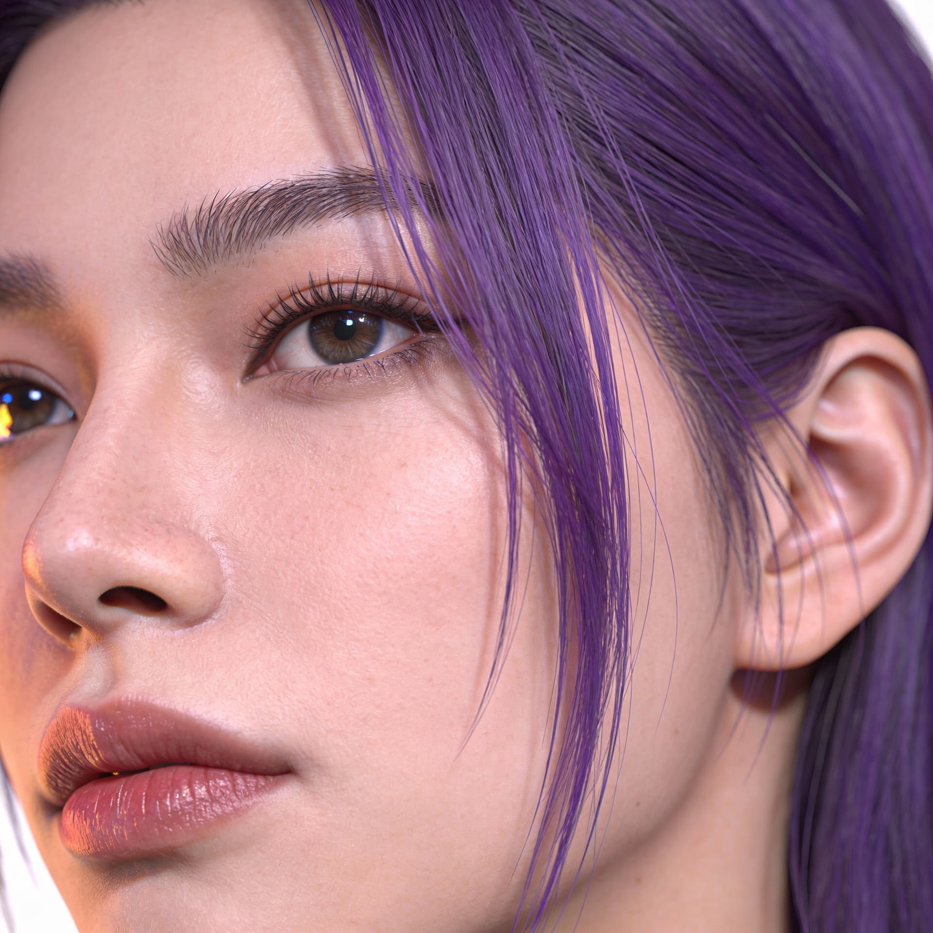 AI generated: A close-up portrait of a woman with vibrant purple hair, captured in ultra-realistic 8K resolution u...