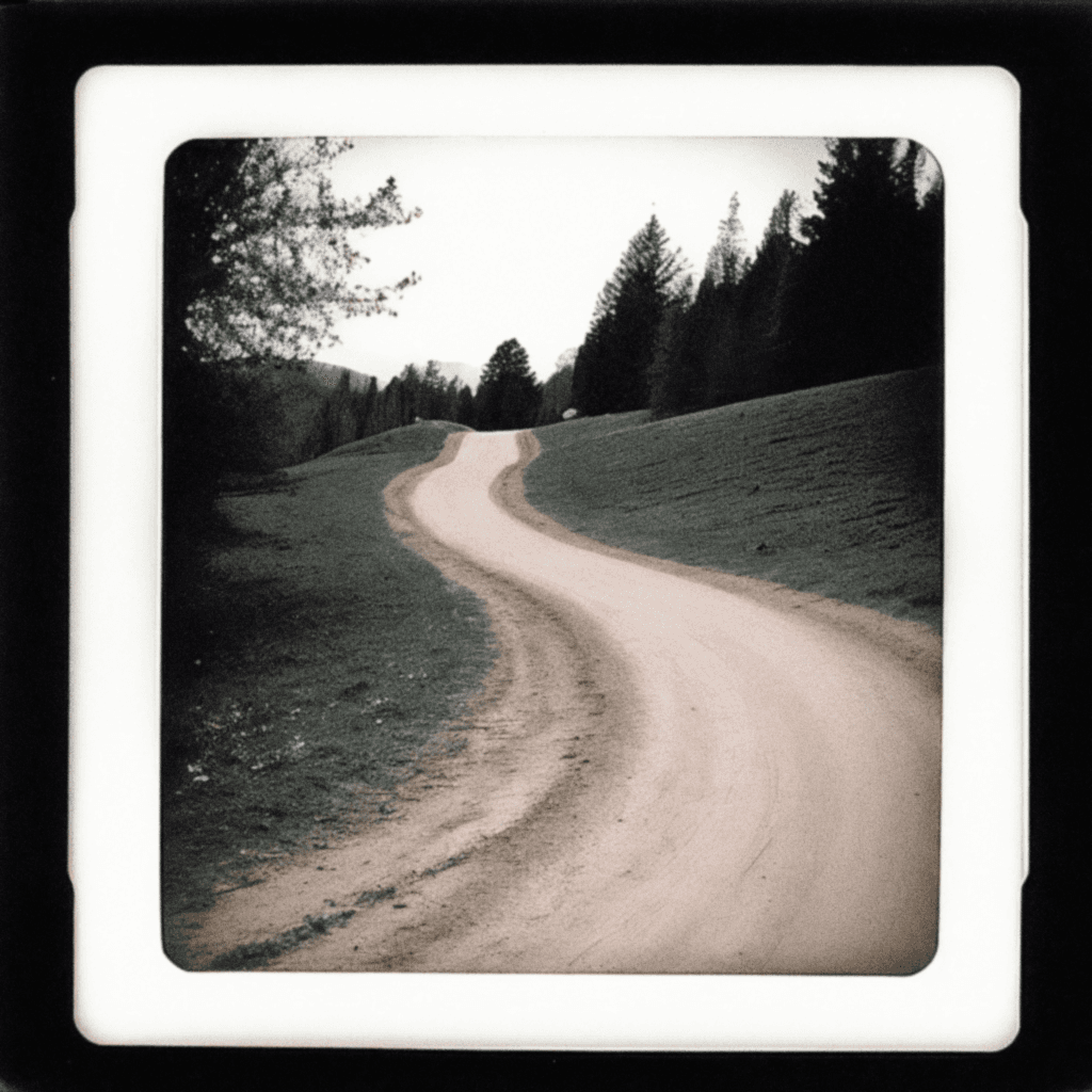 AI generated: a curves ground path leading from below, grass, trees in the distance, harsh lighting, hard shadows,...