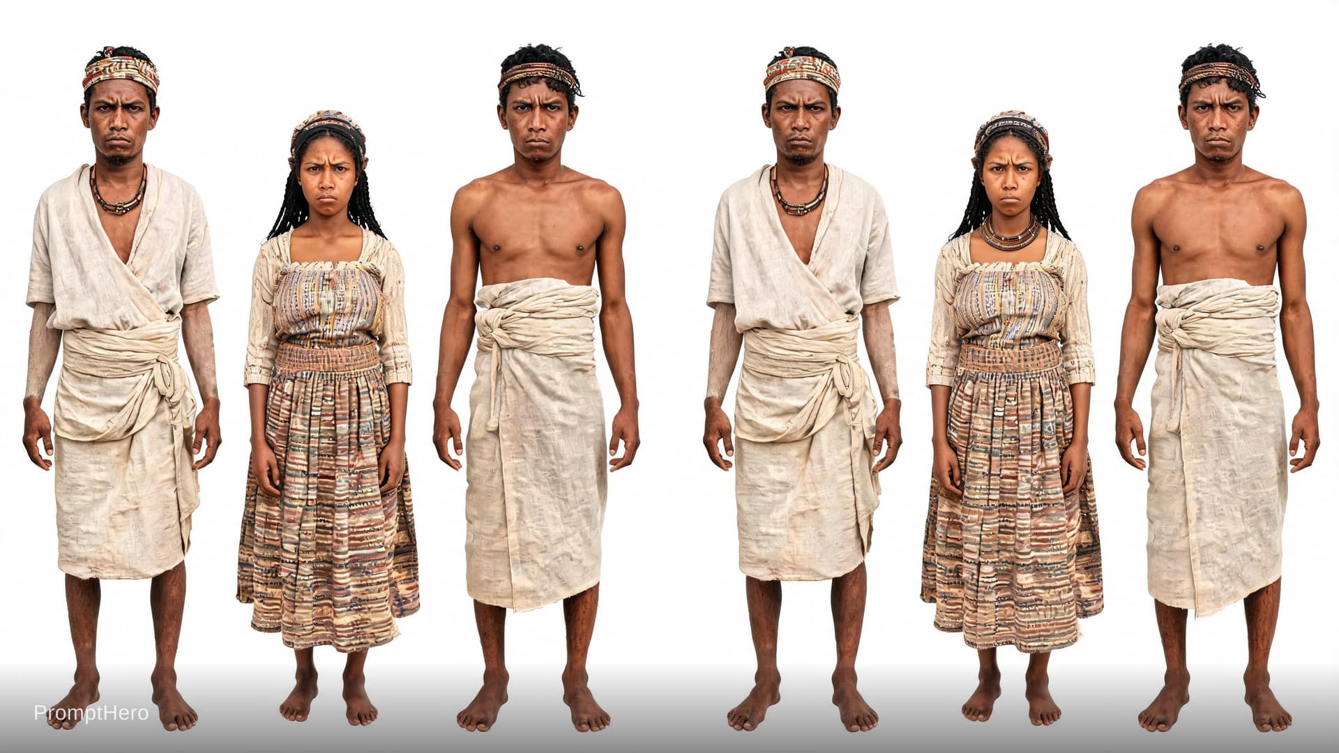 AI generated: turn into photo realistic photo make 6 Madagascar African  settlers from 1825 village front view sym...