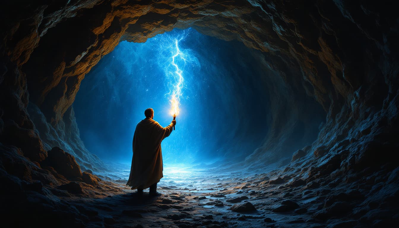 AI generated: a man with a torch in his hand enters a cave at the end of which a bright light shines