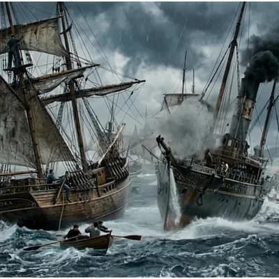 AI generated video: Create a video where several sailing and steamships collide and sink to the bottom of the sea. Do no...