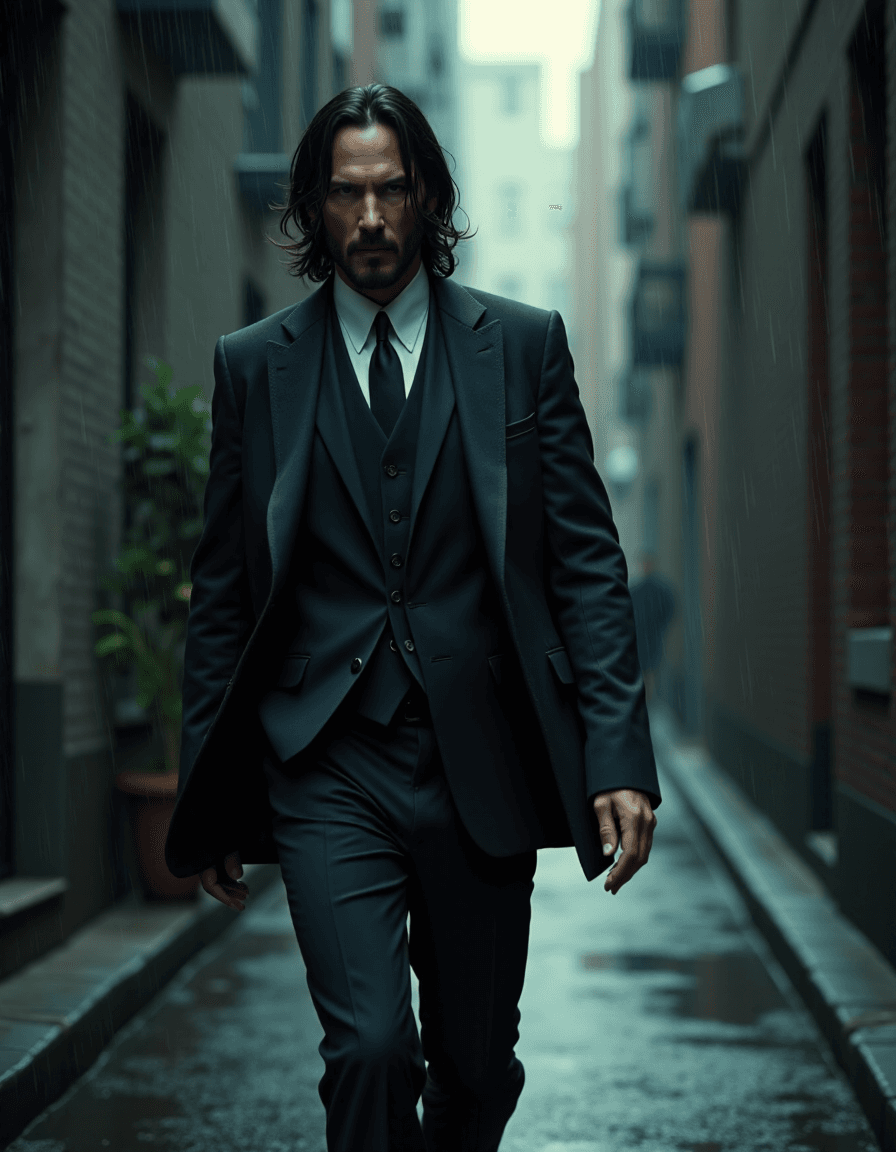 AI generated: medium close-up still of young Keanu Reeves as John Wick walking through the rain in a dark alley in...