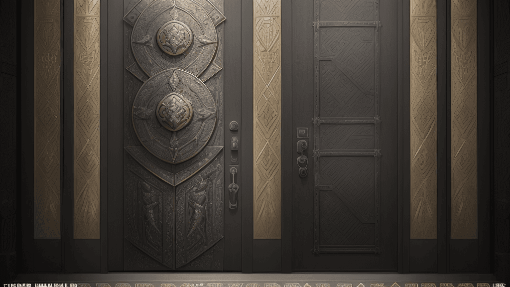 AI generated: The massive door stands before the shielded wariors, towering in front of them like a colossal barri...