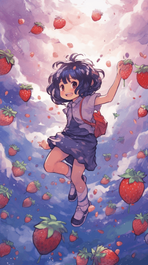 AI generated: A cute illustration, anime blueberry eating and jumping, sky-air, inspired by Dustin Nguyen, with a ...