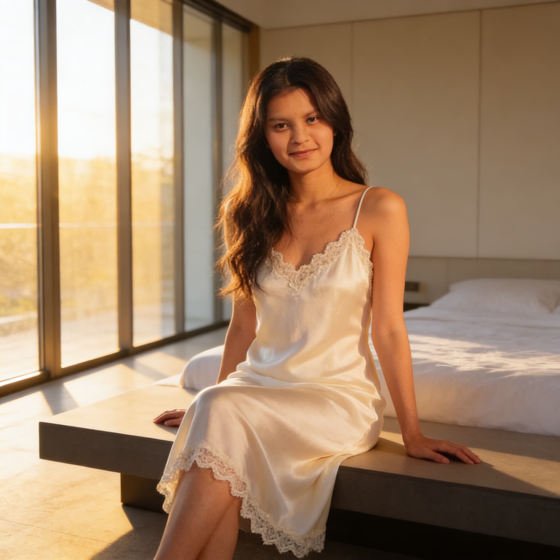 AI generated: In a tranquil minimalist bedroom, a poised woman sits on a low modern platform bed, serene and self ...