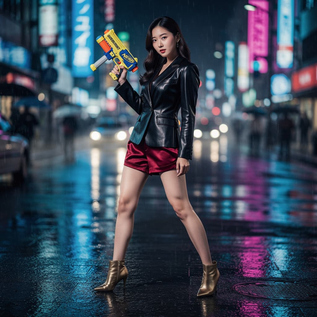 AI generated: Full-body fashion photography featuring a [person description: e.g., elegant Korean woman]  holding ...