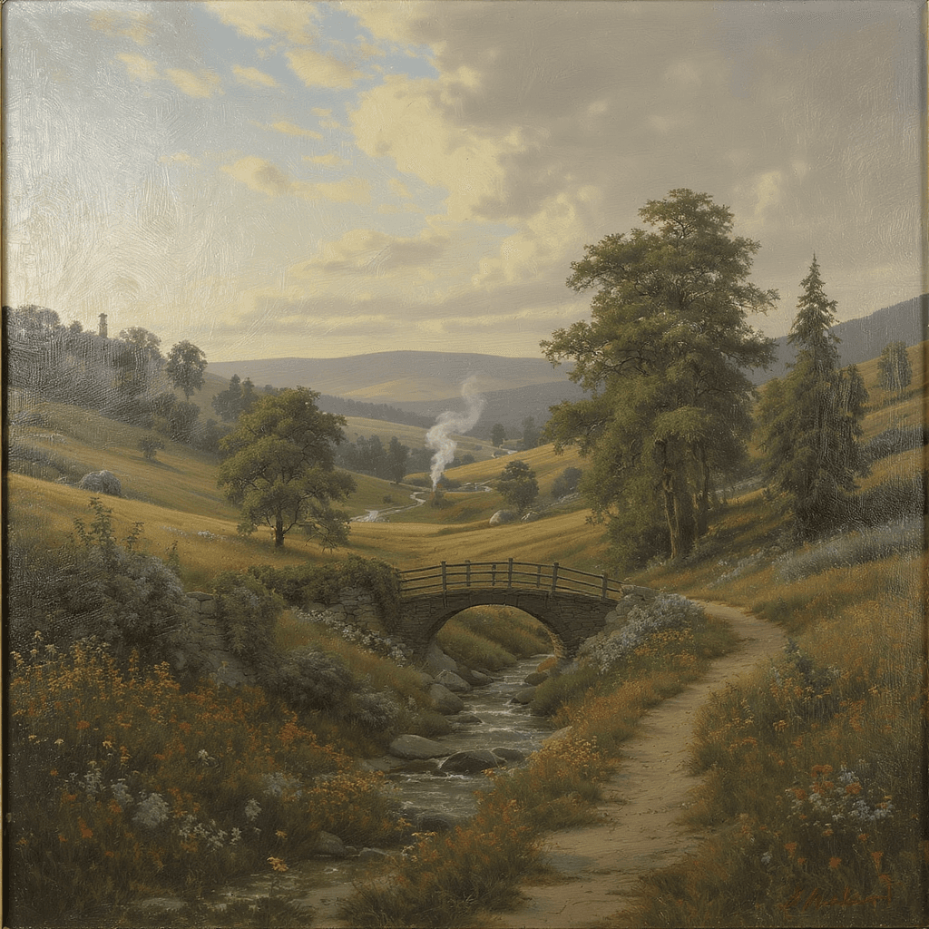 AI generated: Create a beautiful landscape that looks human made add brush strokes, whatever you can to give it th...