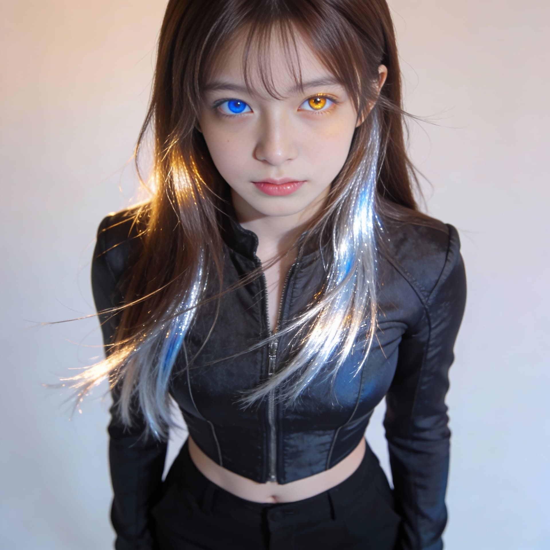 AI generated: A girl with long brown hair with silver-metallic tips, pale eyes with iridescences of blue and amber...