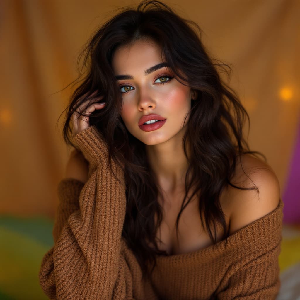 AI generated:  In high definition, surreal, psychedelic, and trippy A woman with wavy dark brown hair, wearing an ...
