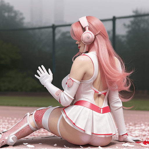 AI generated: This is a digital illustration of a female figure with long pink hair and a red and white outfit. Sh...