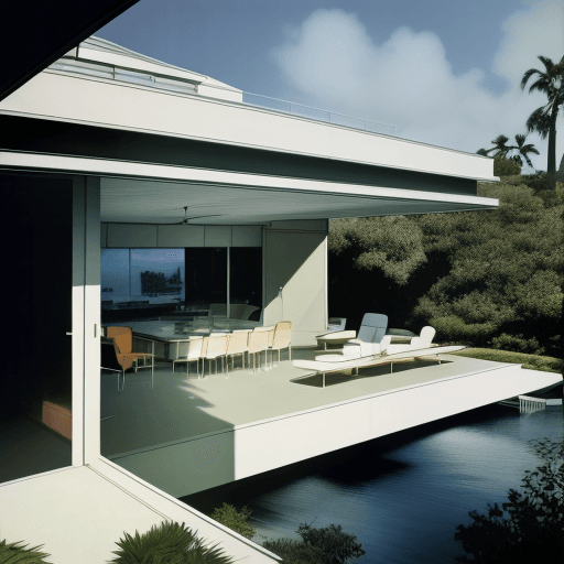 AI generated: Hyper realistic eye level exterior photo of a mid century modern style house overlooking the ocean, ...