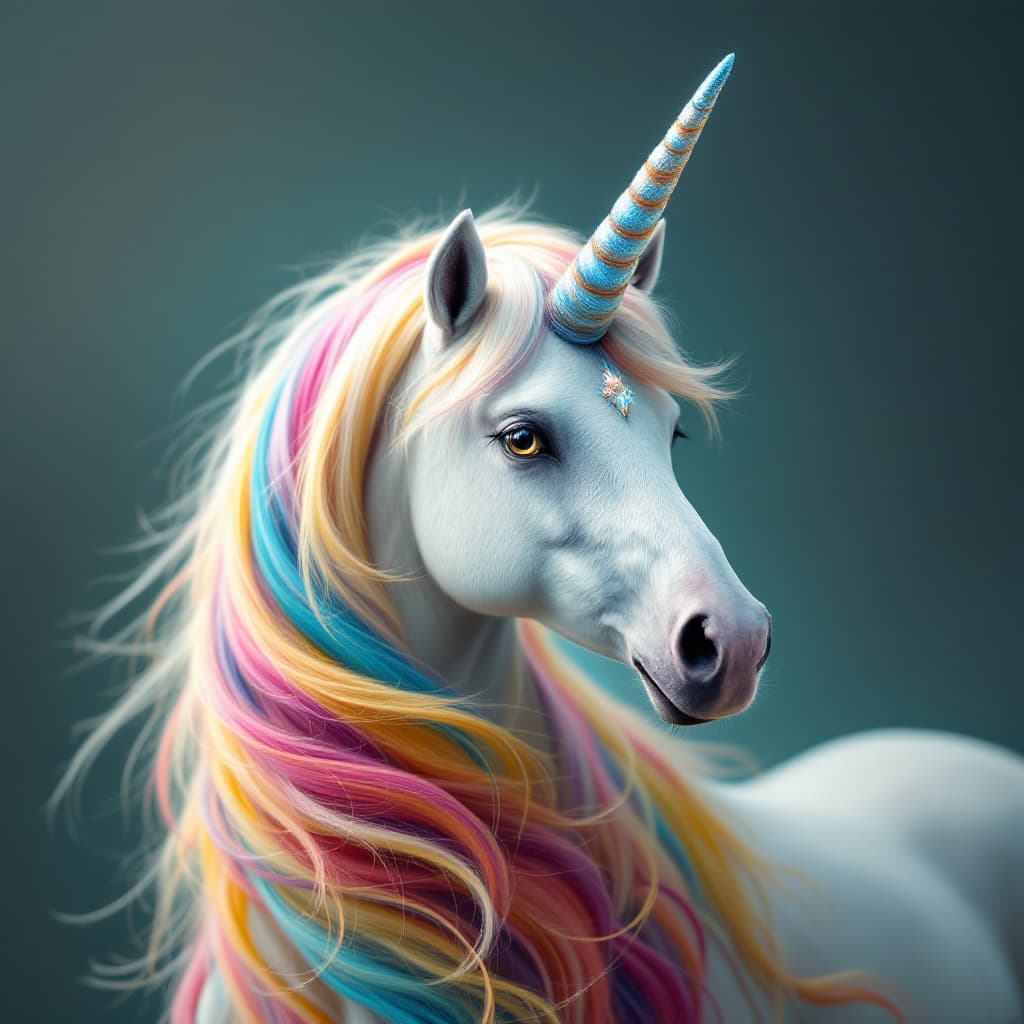 AI generated: A majestic unicorn with a flowing mane and tail of vibrant colors. Its horn spirals upwards in a gra...