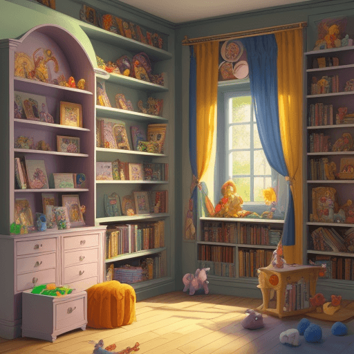 AI generated: 2D image for a fairy tale for children

in the corner there are high shelves with thousands of color...
