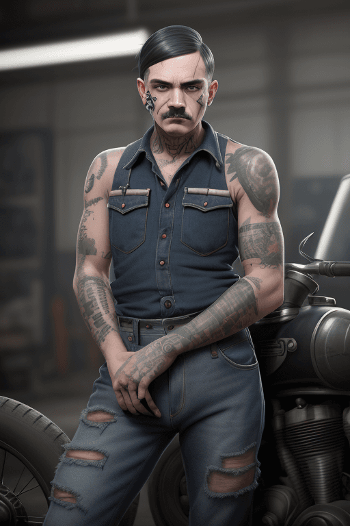 AI generated: Hitler dressed as car mechanic, workshop background, visible face, jeans, tattoos, (full body visibl...