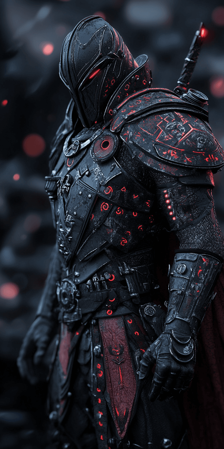 AI generated: A portrait of a dark knight, intricate black armor with glowing red accents, fantasy, detailed textu...