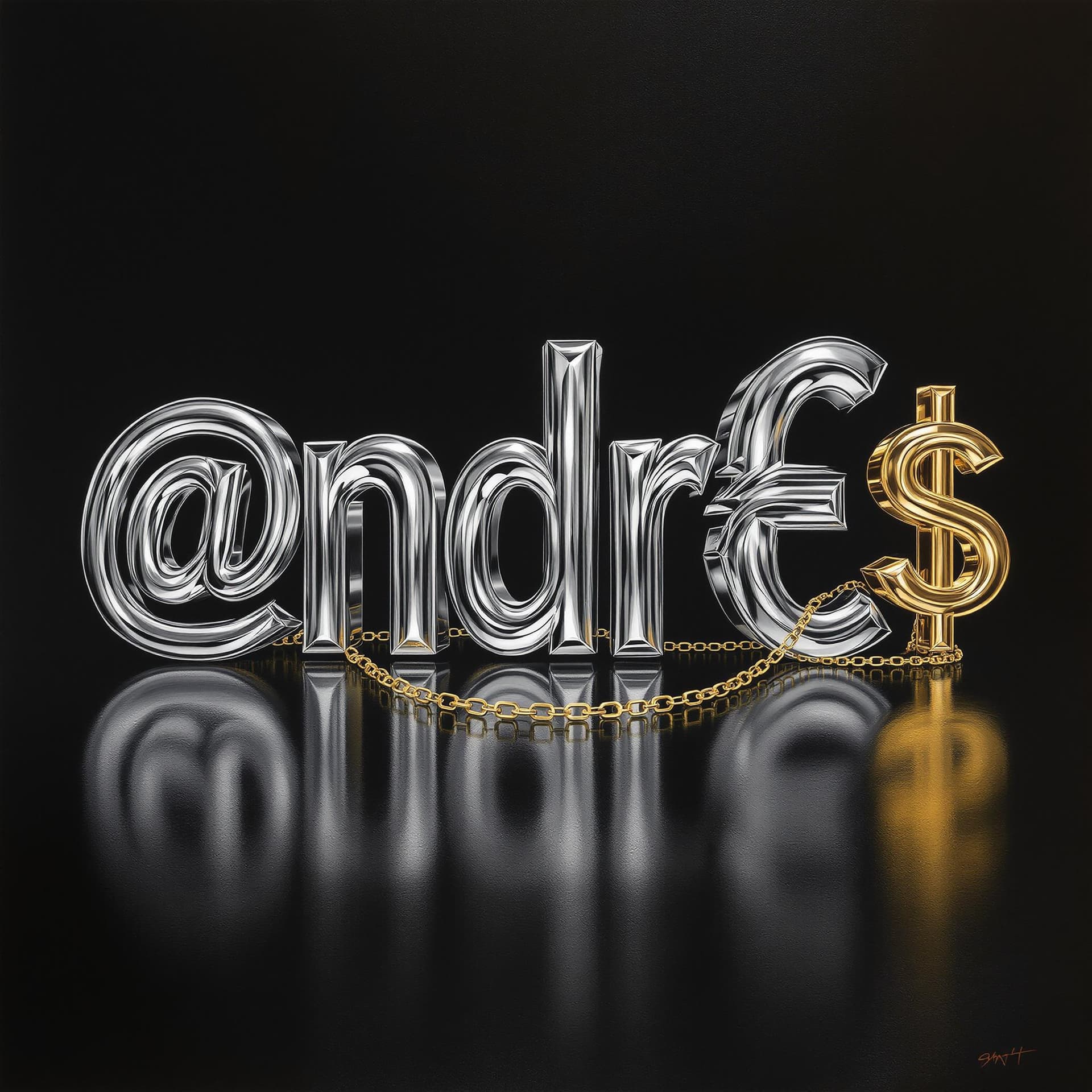 AI generated: A hyperrealistic oil painting of the gleaming silver characters "@ndr€@" rendered in a metallic chro...