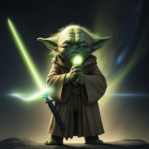 AI generated: Photo, background, YODA in cosmos, 4k, light sword, contemporary building 