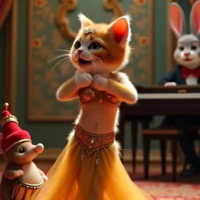 AI generated video: cat dance and mouse beat drum dog ring piano rabbit horn