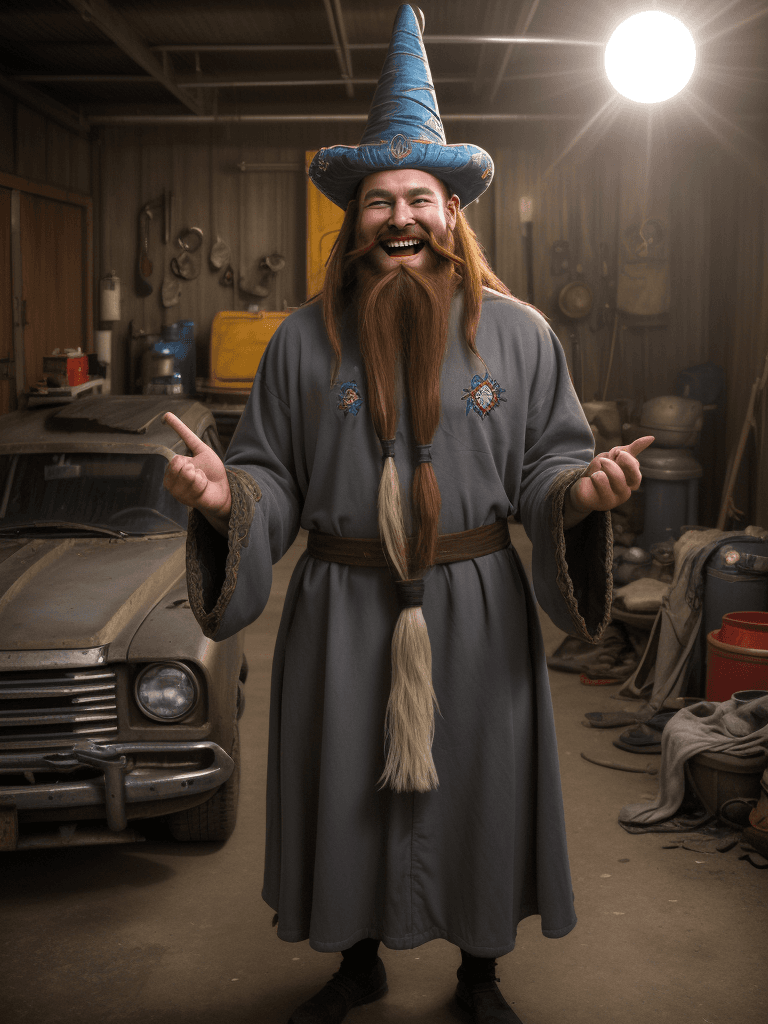 AI generated: laughing wizard, in the style of kamacy, face-on, high quality, solo focus, dramatic lighting, mount...