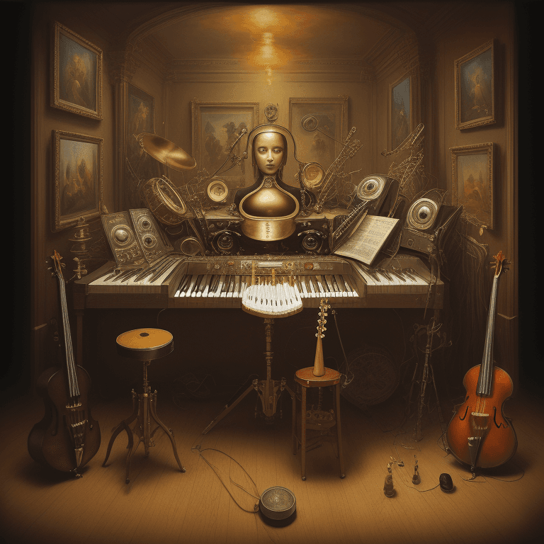 AI generated: music Album cover picture, surreal art, oil picture, music instruments, 