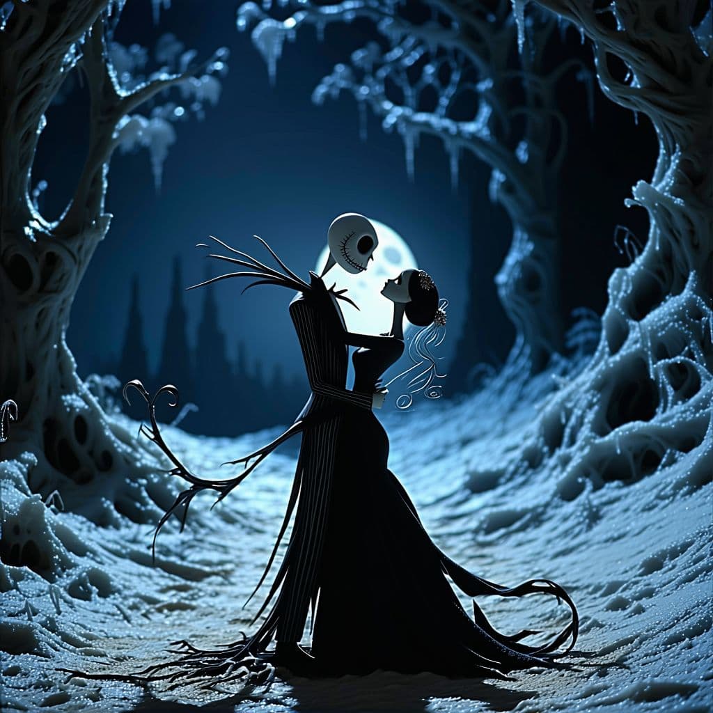 AI generated: Nightmare before Christmas,love scene,romantic embrace.beautiful