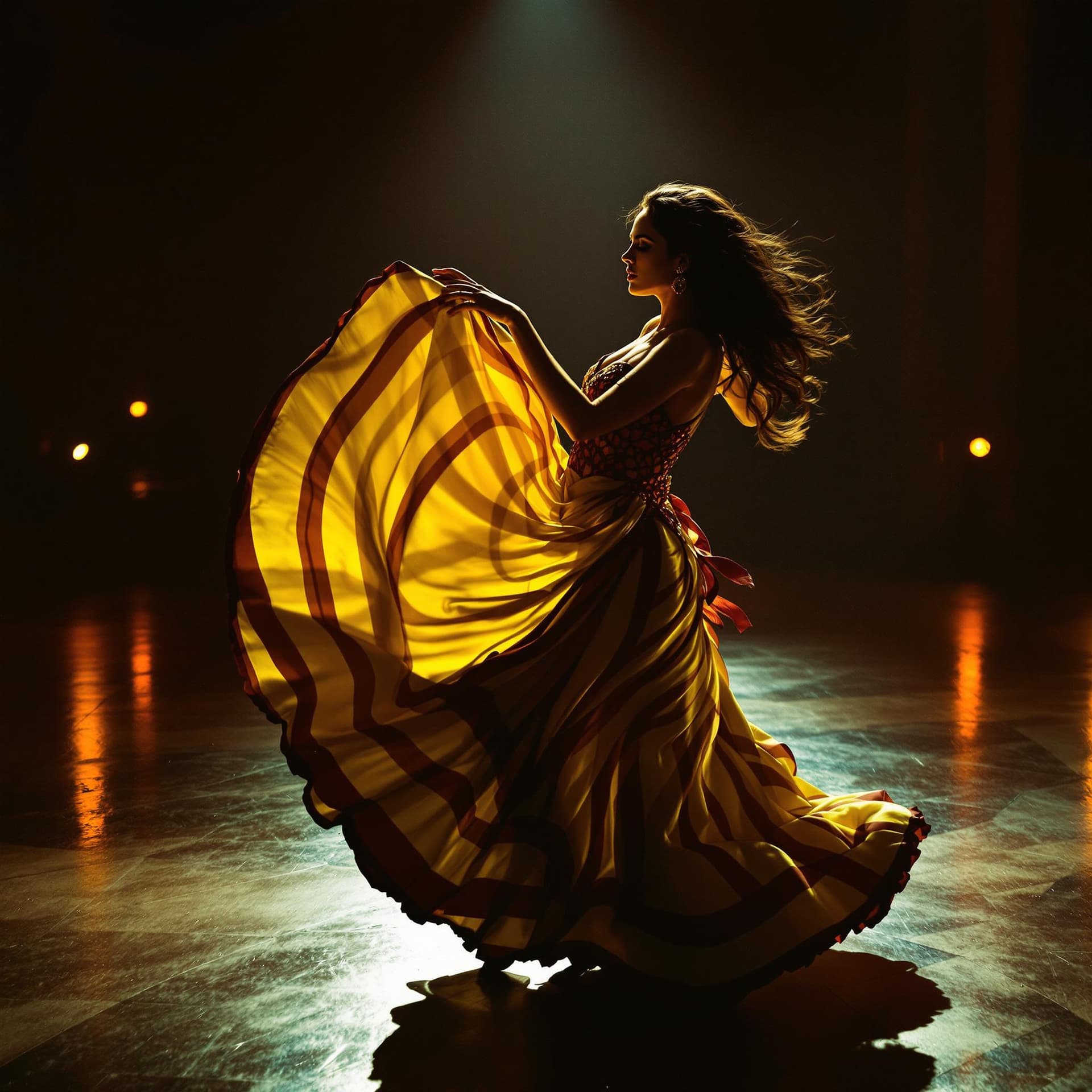 AI generated: photo of Penélope Cruz, in a Spanish flamenco dance floor, passionate Indian beauty, flamenco dancer...