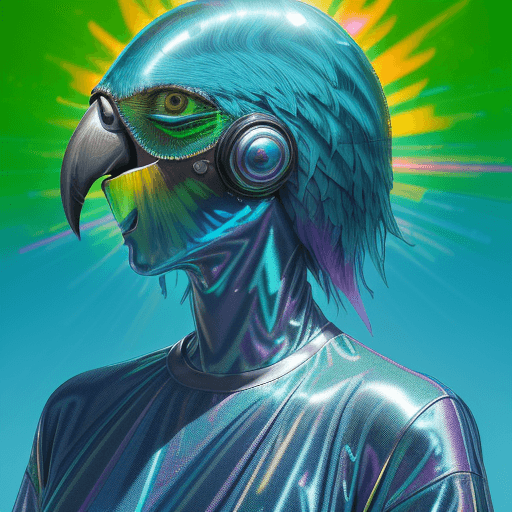 AI generated: Parrot Head with Human Body, Wearing Iridescent Holographic Liquid Texture & Translucent Material Su...