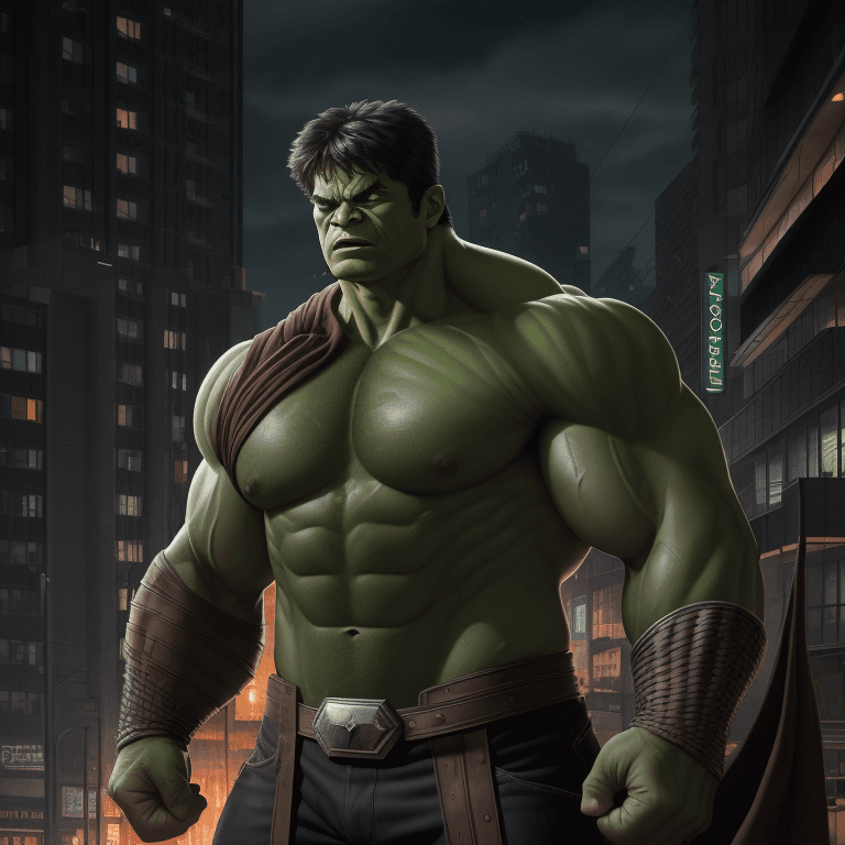 AI generated: hulk with full thor costume, reddish eyes, urban avenue, modernist buildings from the year 1900, two...