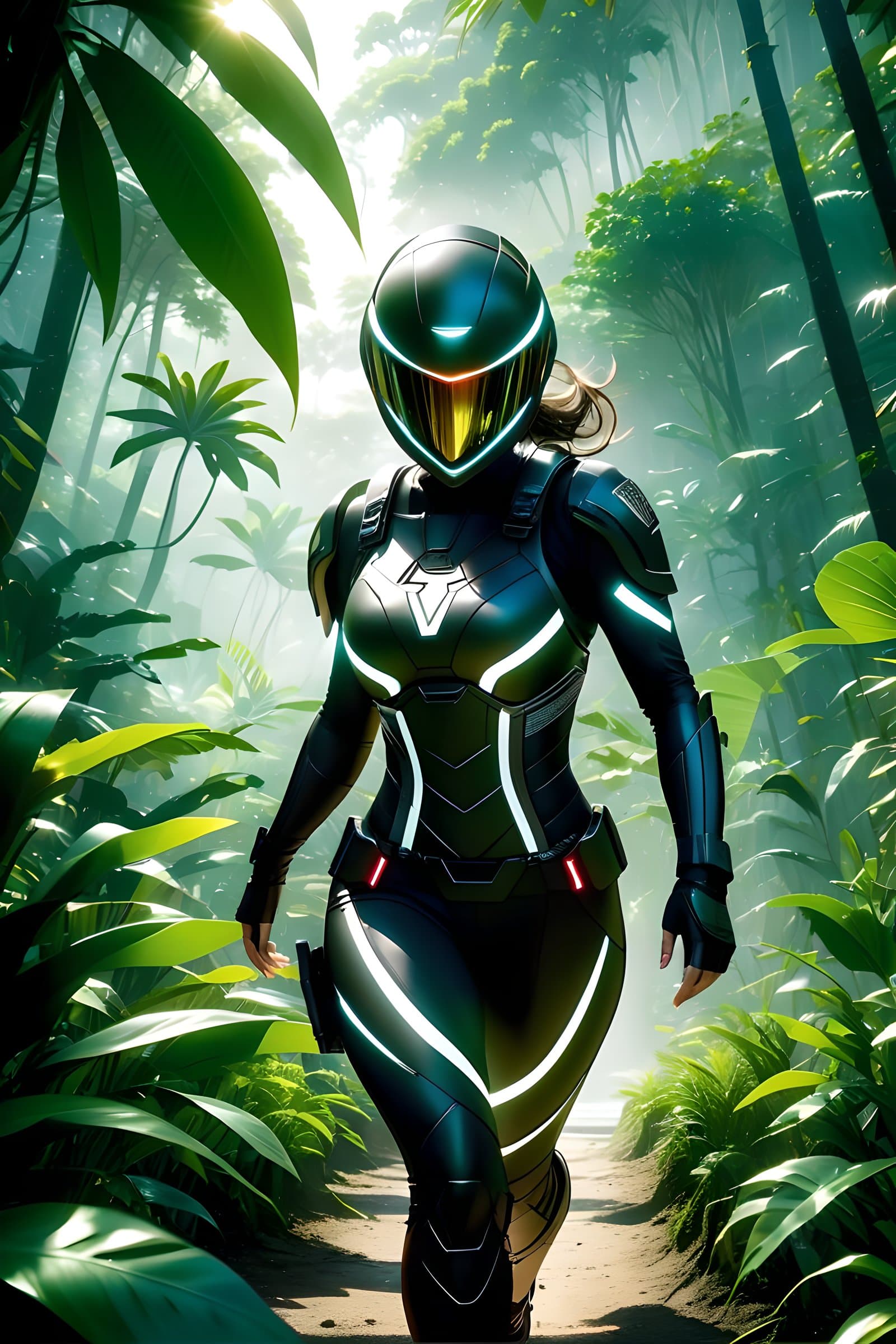 AI generated: Highly detailed cinematic film still, Hip level shot, of (fit female soldier, wearing high-tech blac...