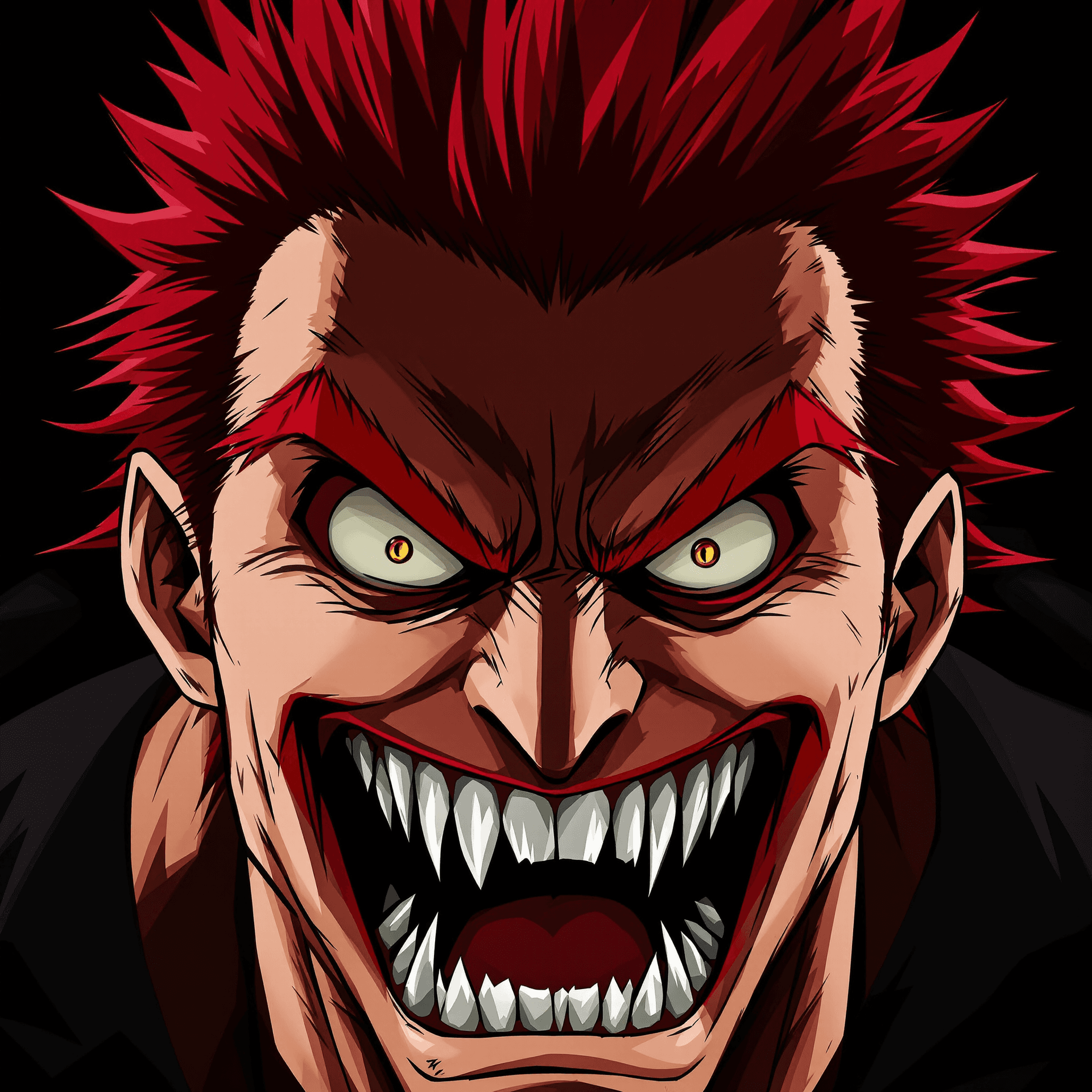 AI generated: A man with spiky red hair, a wide, maniacal grin revealing sharp teeth, intense eyes, and a slightly...
