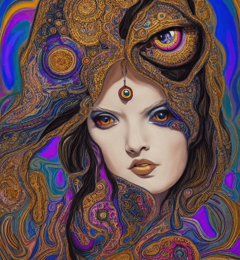 AI generated: Oil painting, psychedelic colours, high resolution 8k, Balla master painter, Byzantine artwork, 
you...
