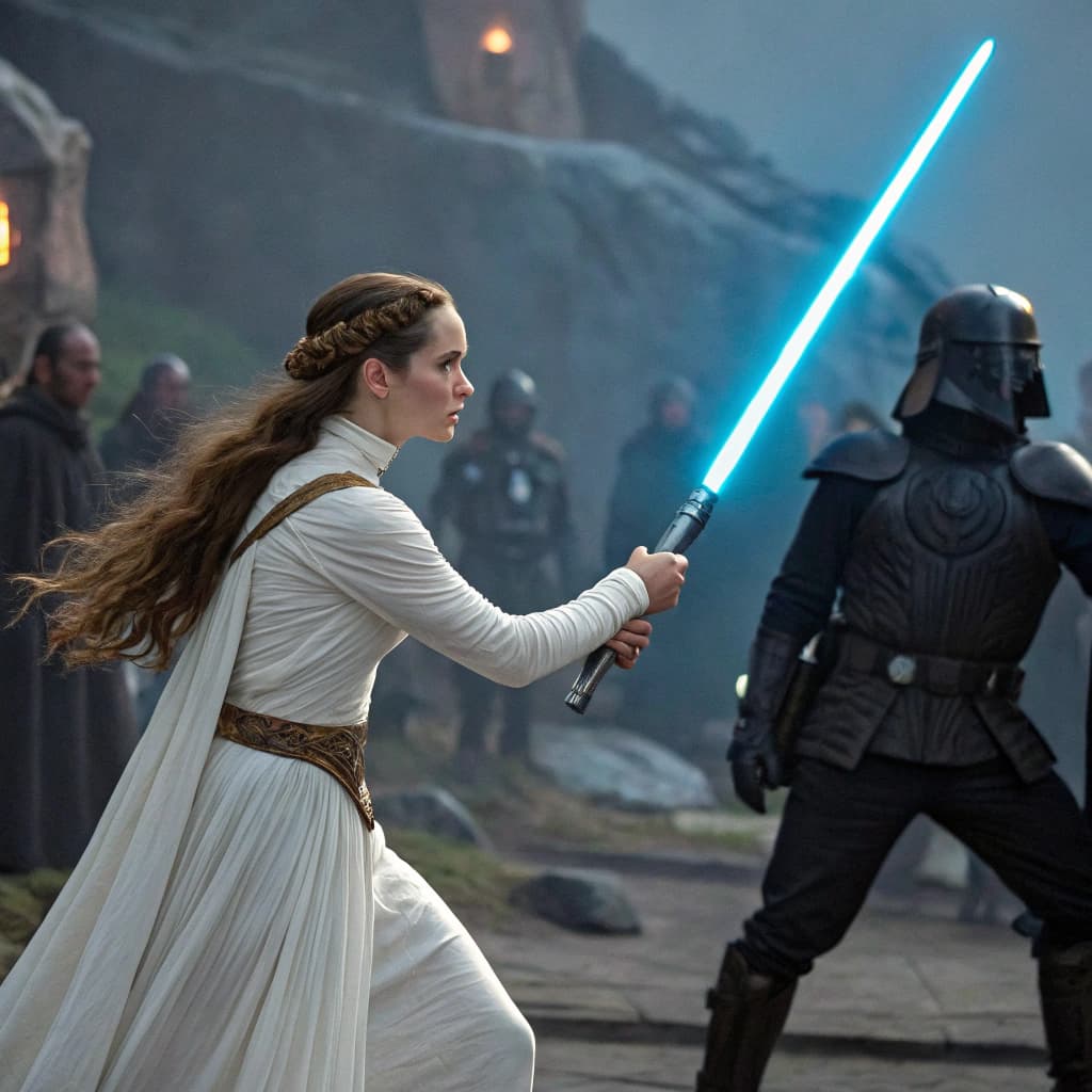 AI generated: A fantasy battle scene with seven characters, including a woman with long brown hair and a white dre...