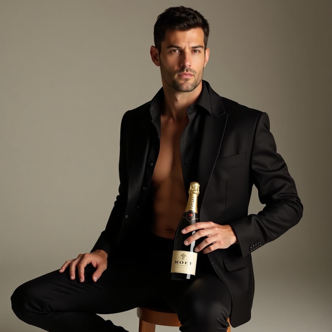 AI generated: A stylish attractive 40-years old man with short dark hair, ideal slim figure, wearing an all-black ...