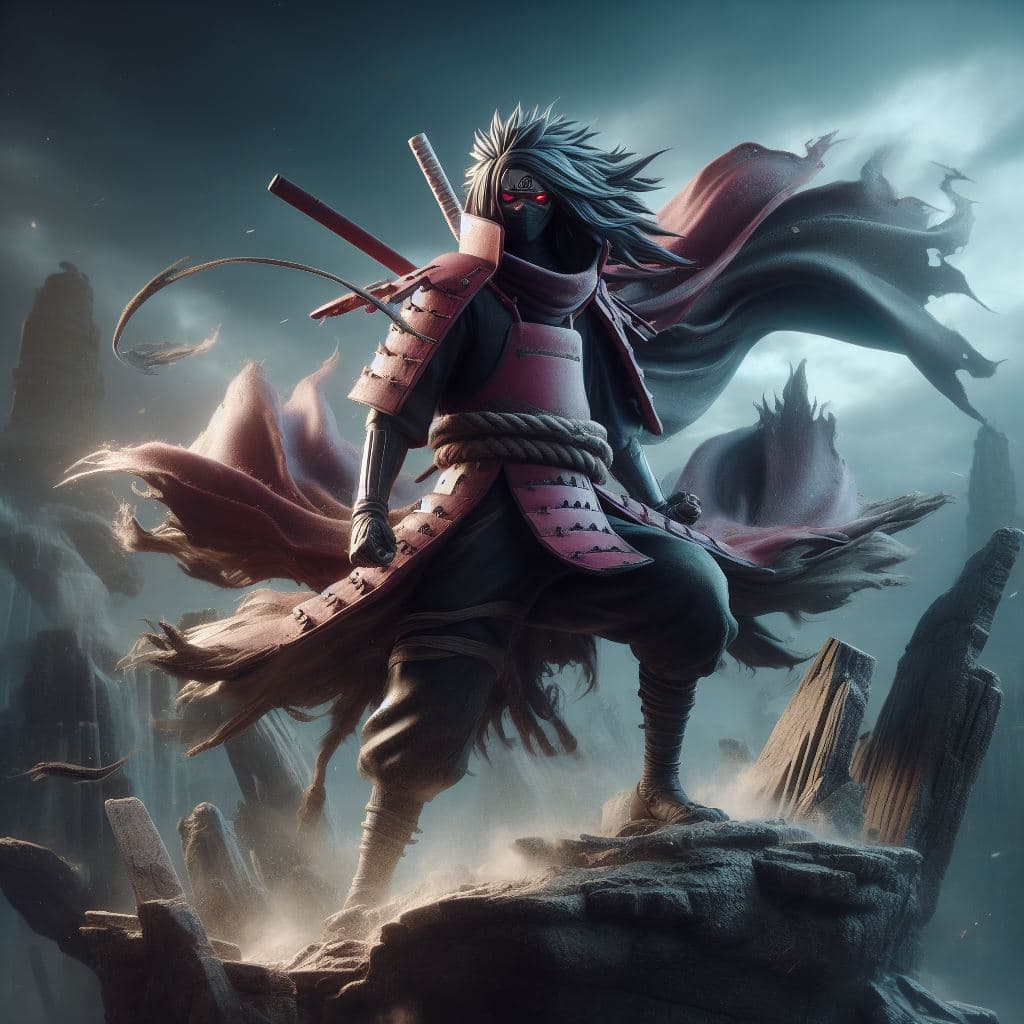 AI generated: In a mystical, war-torn landscape, Madara, the legendary, powerful ninja, stands triumphantly atop a...