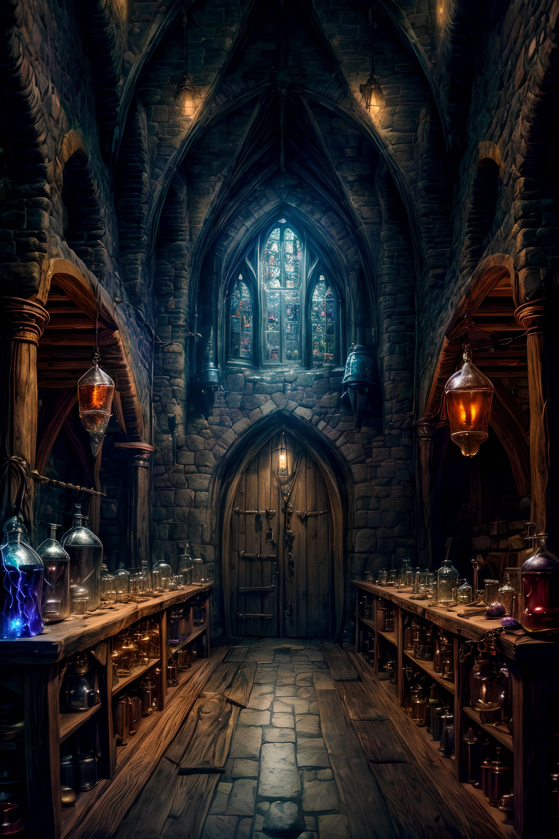 AI generated: inside of wizard's Alchemist Workshop, (potions on the first set:1.3), depth of field, medieval styl...
