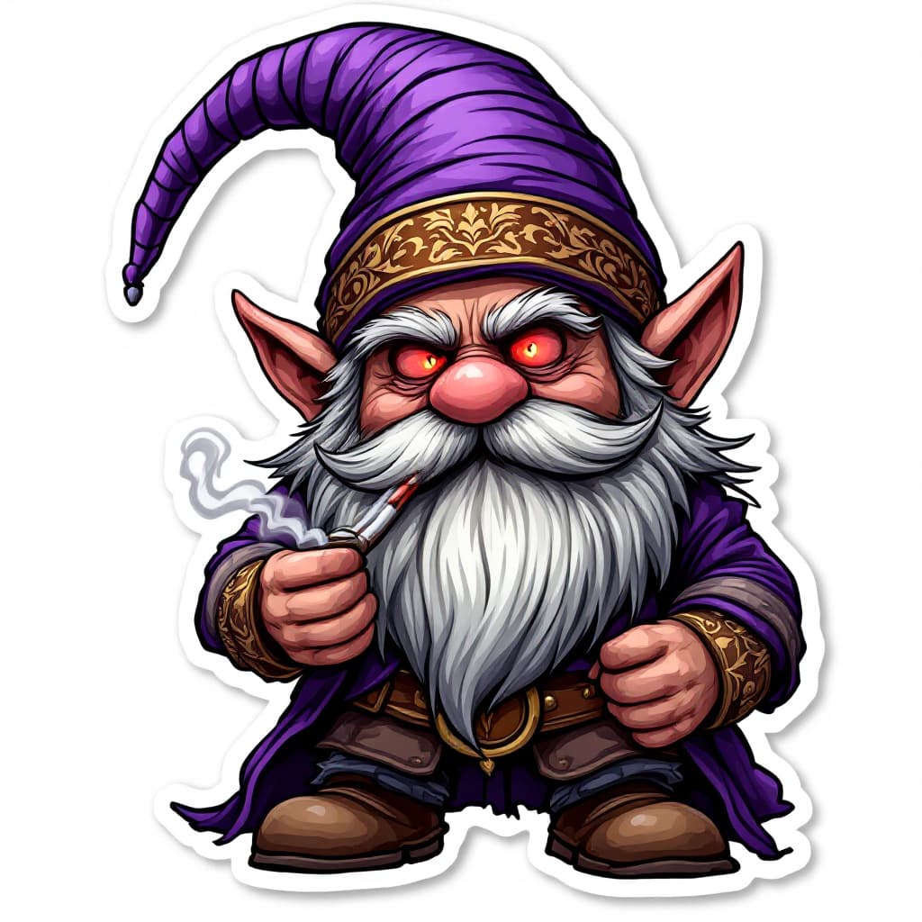 AI generated: A highly detailed full-body cartoon sticker of a whimsical gnome character. The gnome is wearing a v...