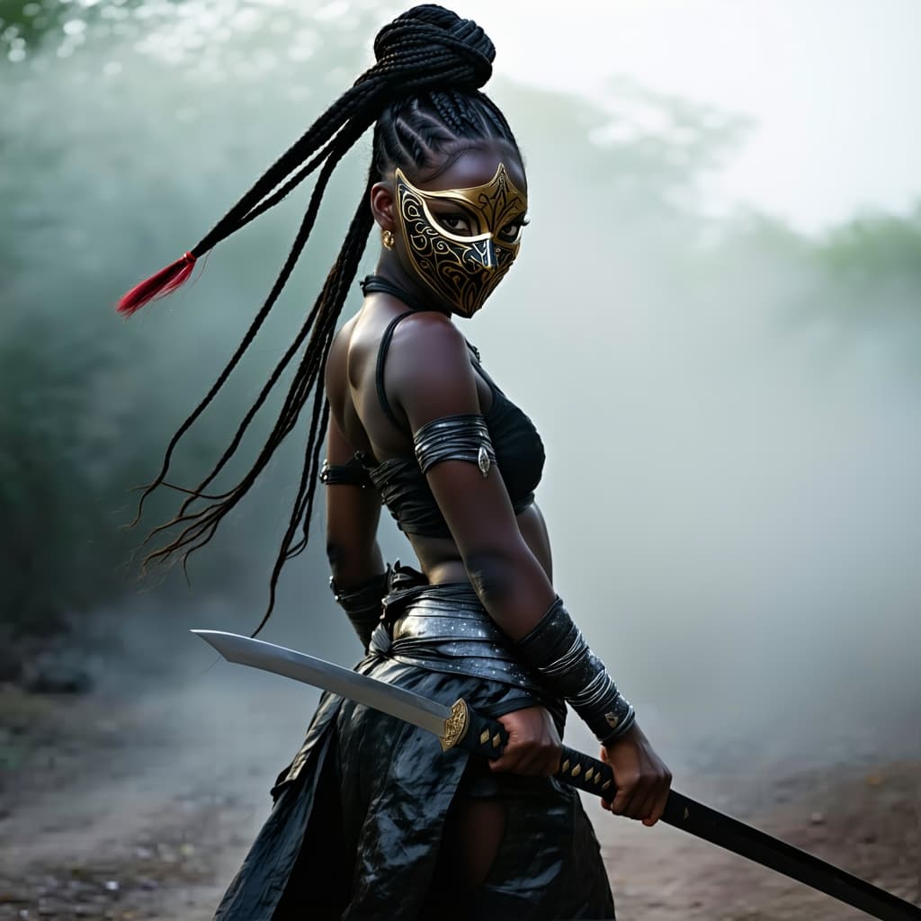 AI generated: Full body view of A fierce warrior woman with striking, intense eyes, wearing an elaborate black and...