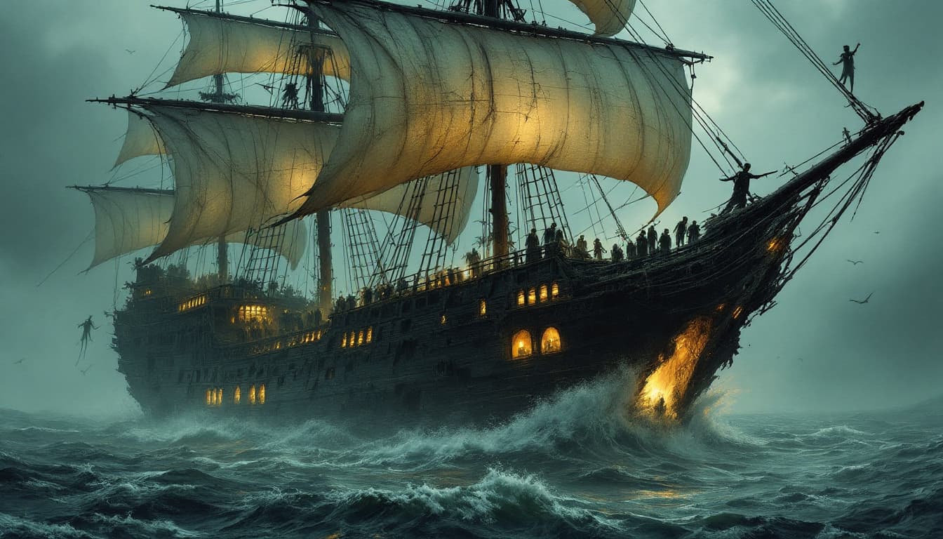 AI generated: Depict the Flying Dutchman, the infamous ghost ship of legend, as an ancient and spectral vessel los...