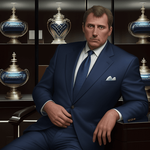 AI generated: Photo of a ultra realistic photo of 63 yo man, manager, self-assured, dark blue suit, blue tie, in l...
