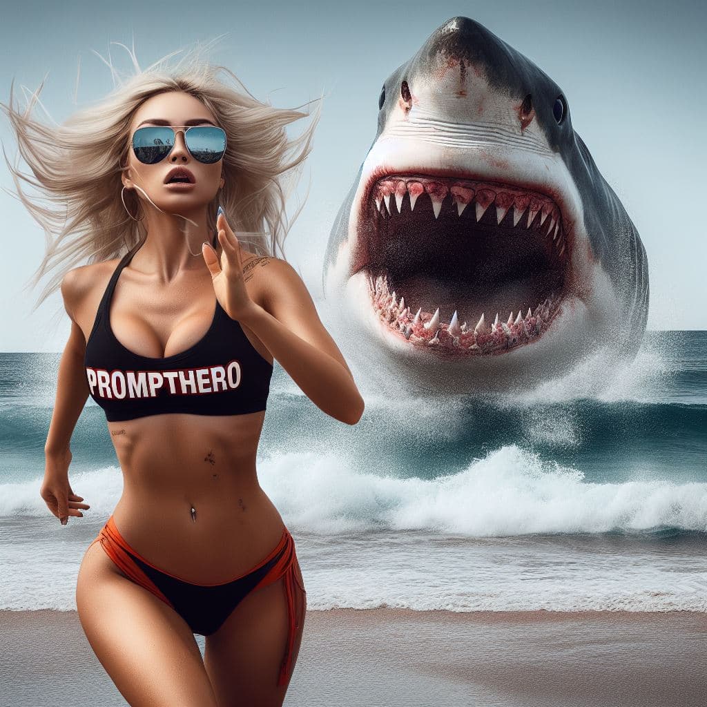 AI generated: A real badass lifeguard blond woman running toward the ocean where a gigantic shark is waiting for h...