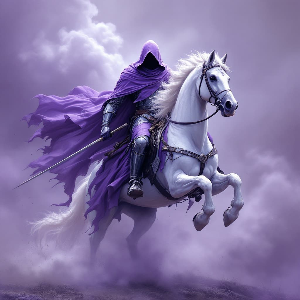 AI generated: Purple and white art of a hooded knight riding his white horse in full gallop, smoke around him, det...